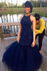 Navy Tulle Halter Mermaid Sleeveless Long Prom Dresses with Beadings